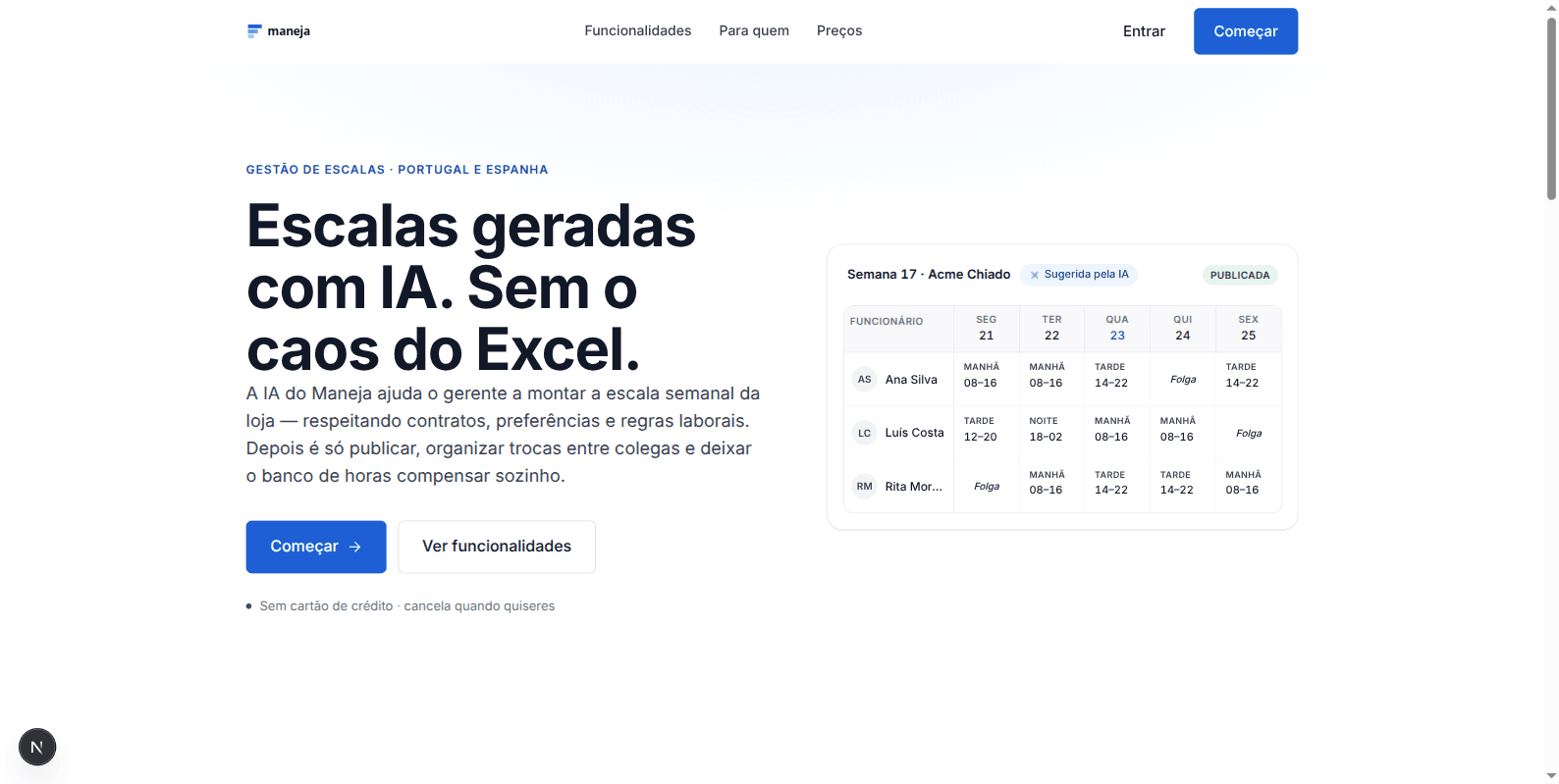 Página inicial da Maneja com uma escala semanal sugerida pela IA